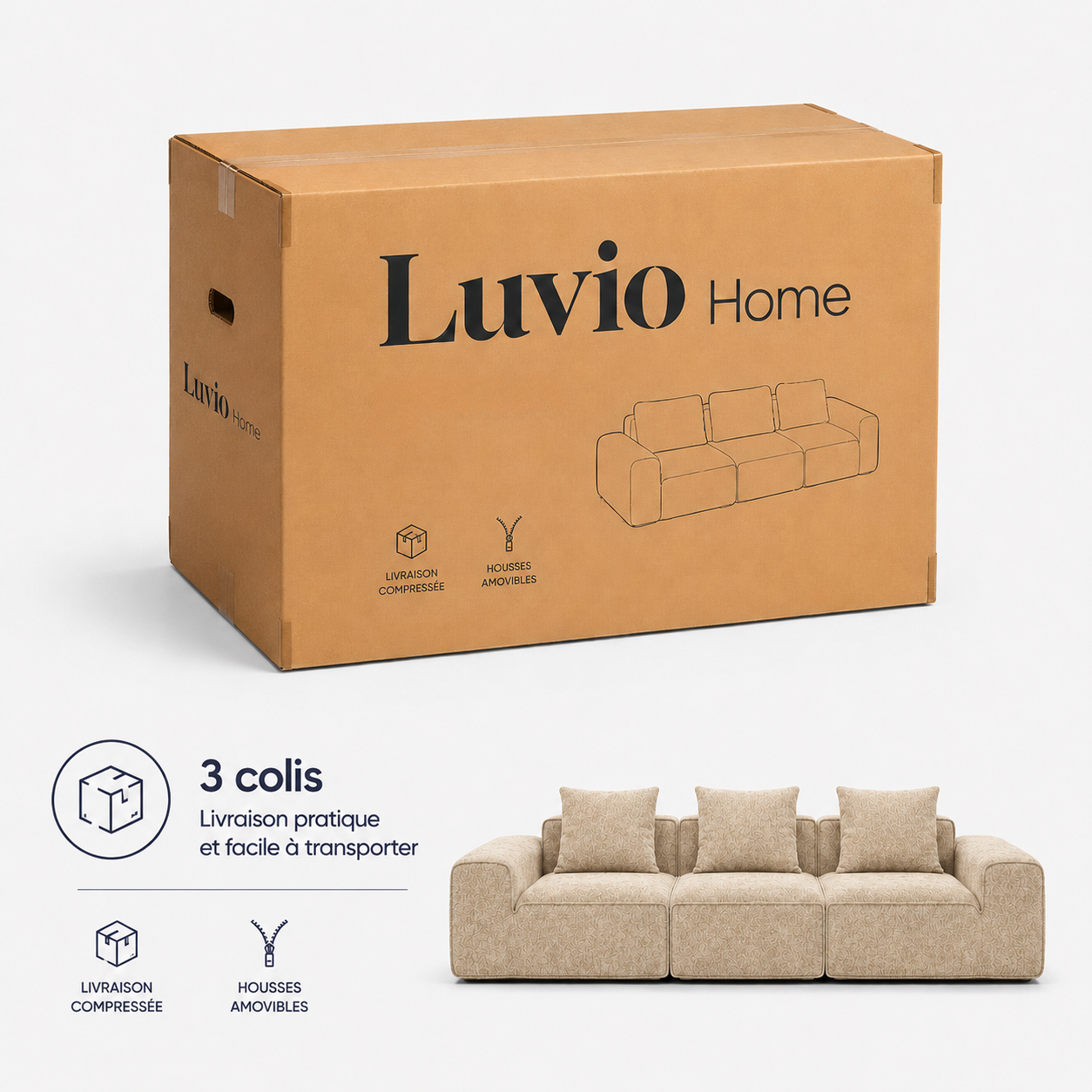 Canapé modulaire velours crème 3 places
