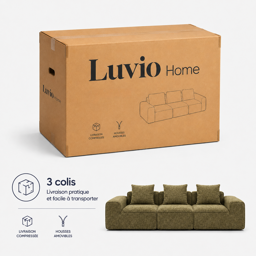 Canapé modulaire velours chenille vert kaki 3 places