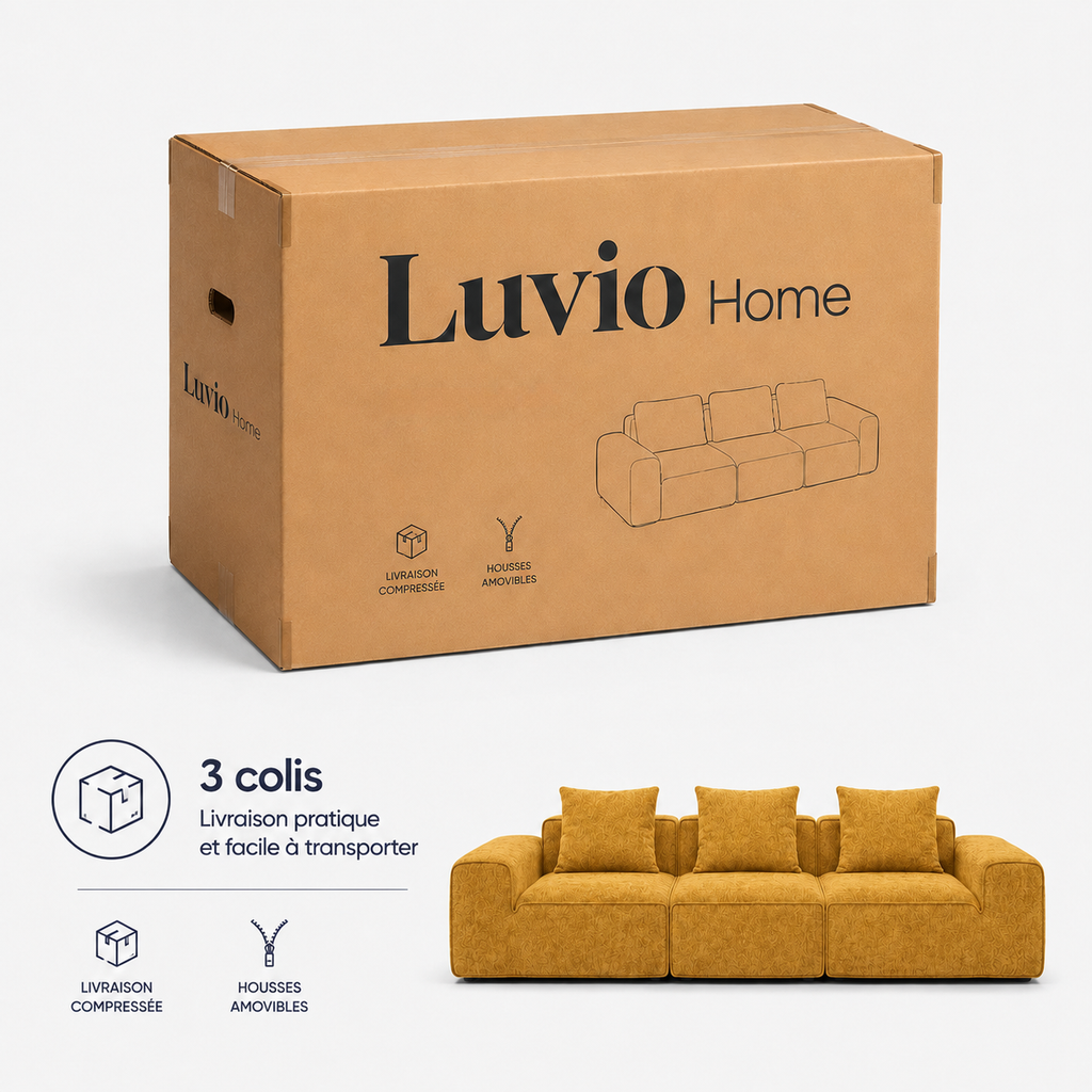 Canapé modulaire velours chenille jaune 3 places