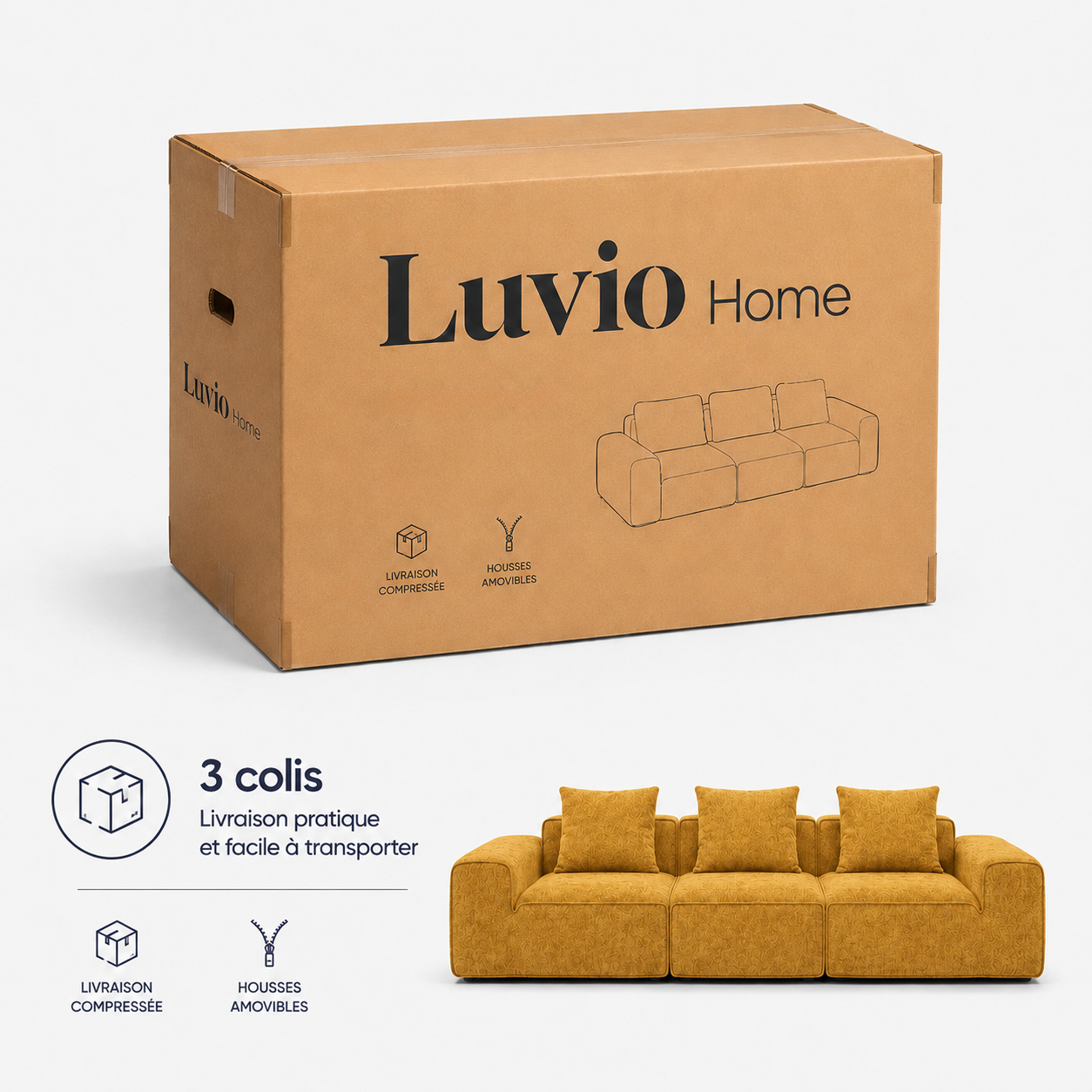 Canapé modulaire velours chenille jaune 3 places