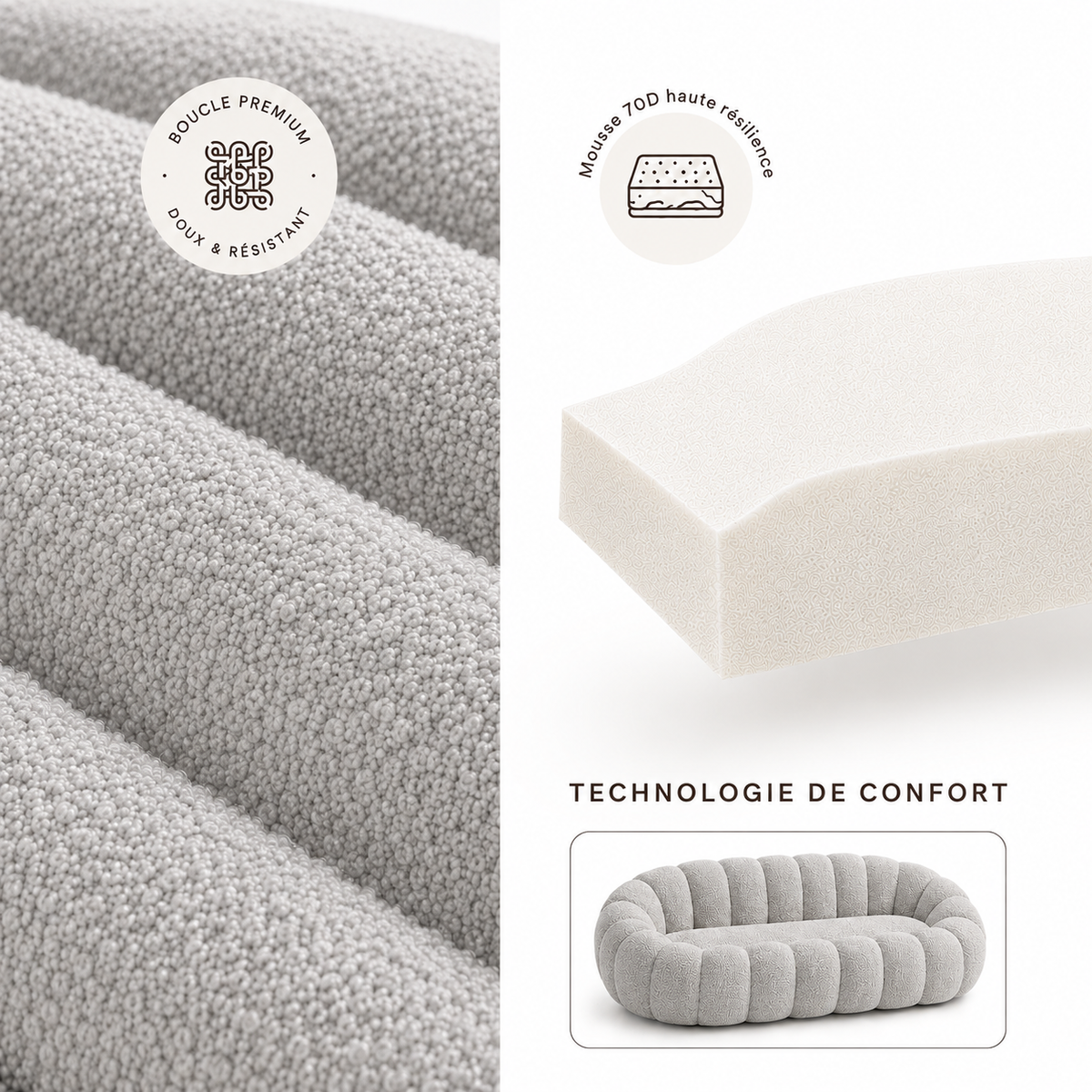 Canapé bubble bouclé gris clair 2 places