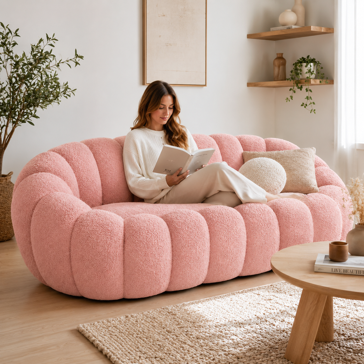 Canapé bubble bouclé rose 2 places
