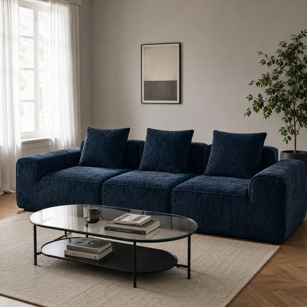 Canapé modulaire velours chenille bleu marine 3 places
