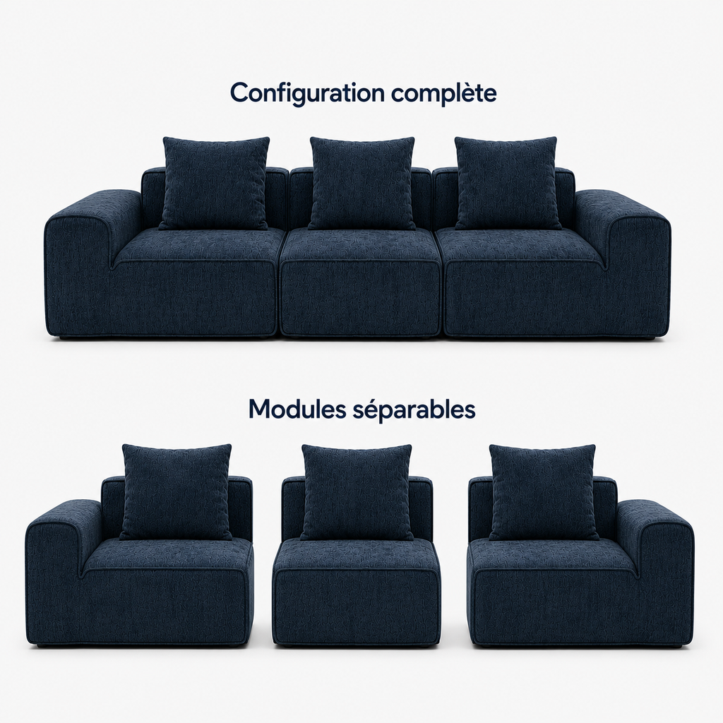 Canapé modulaire velours chenille bleu marine 3 places