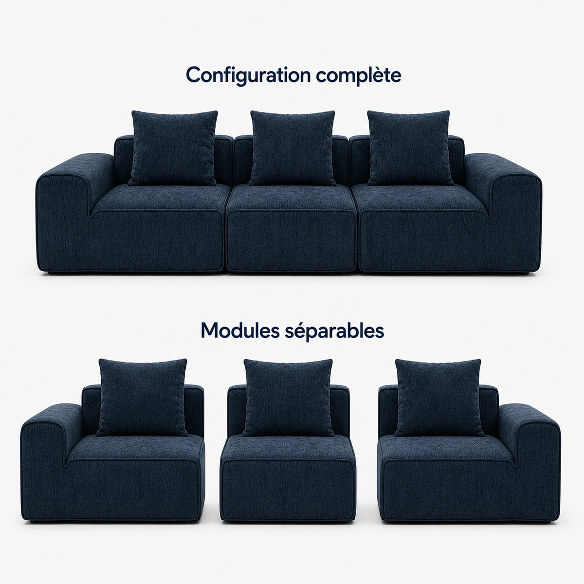 Canapé modulaire velours chenille bleu marine 3 places