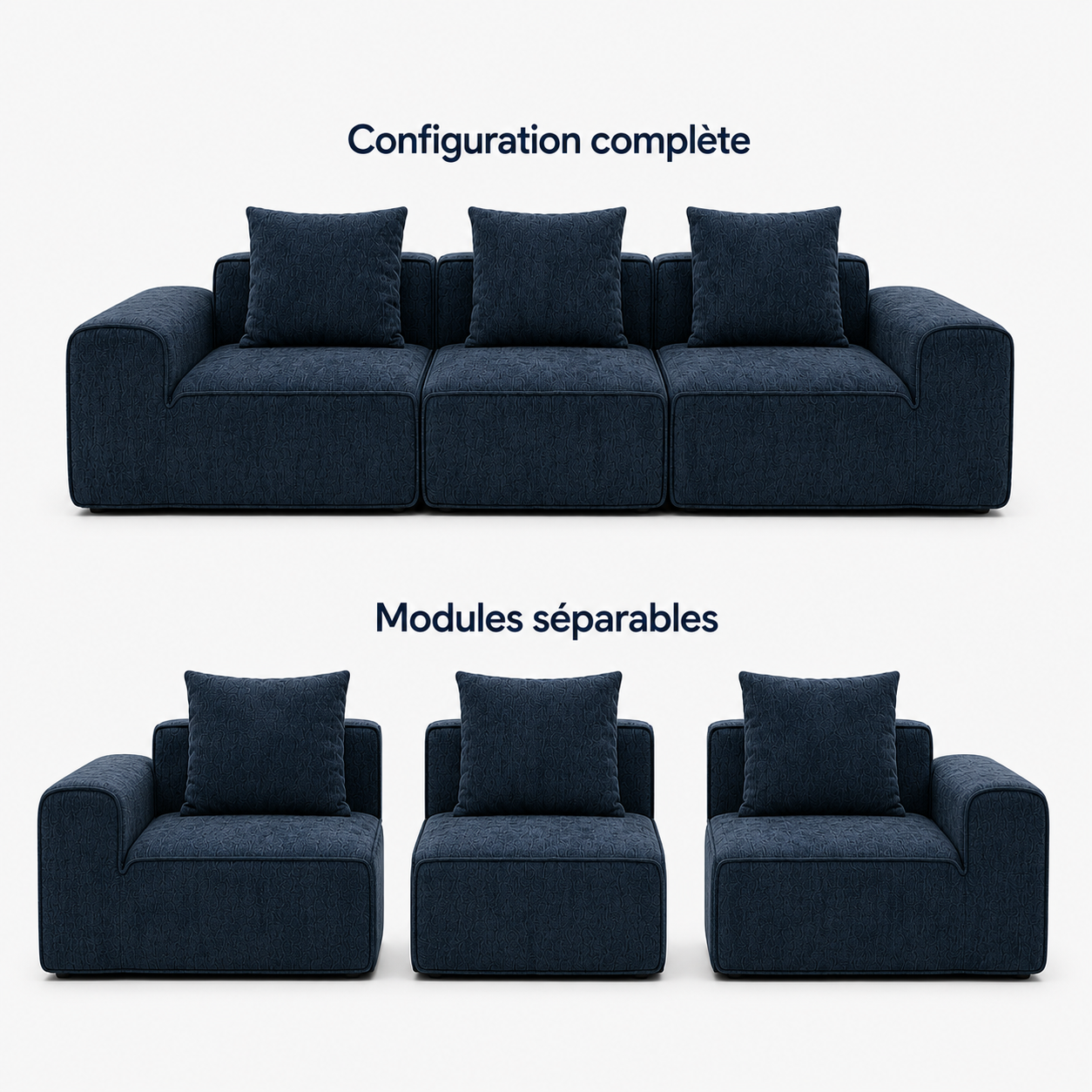 Canapé modulaire velours chenille bleu marine 3 places