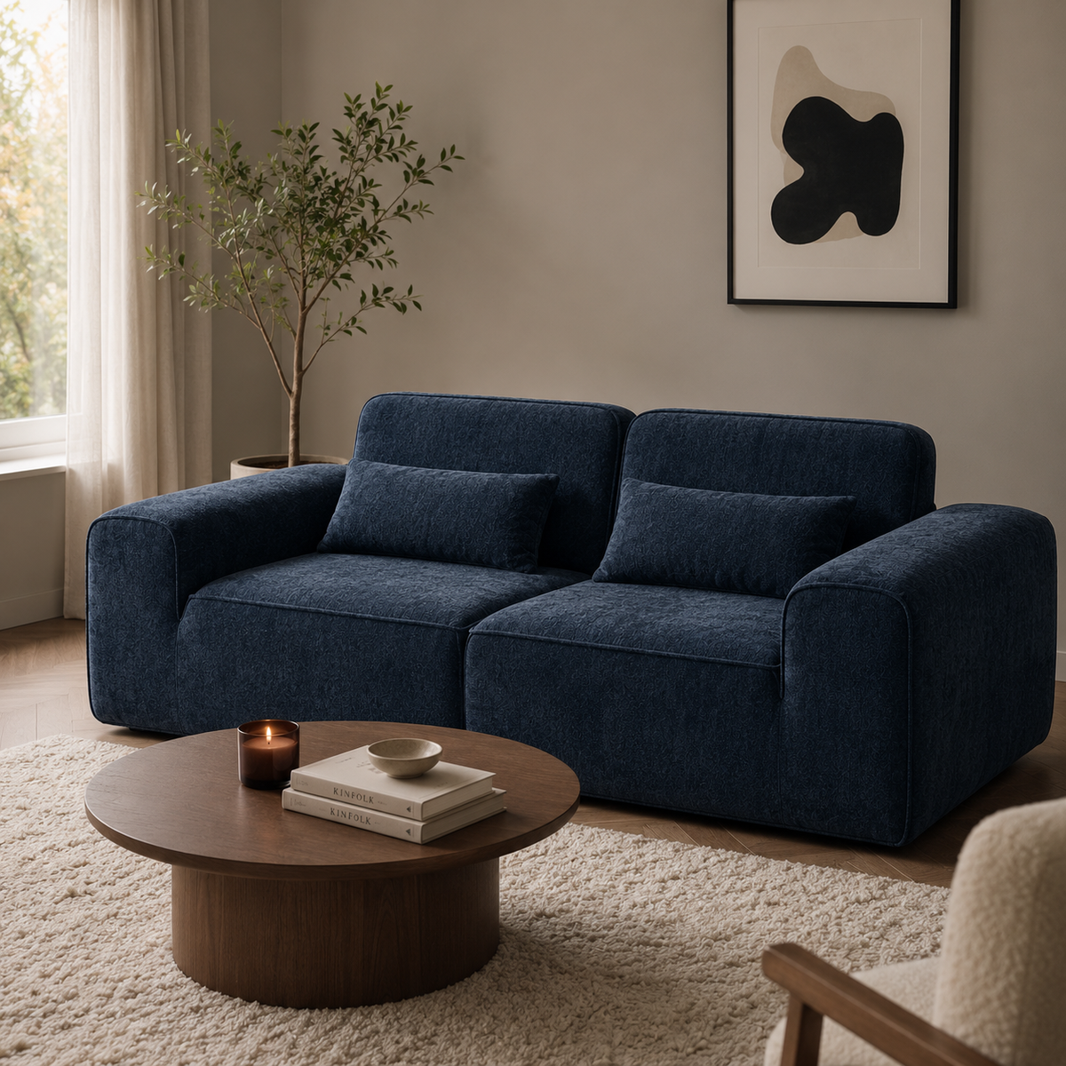 Canapé modulaire velours chenille bleu marine 2 places