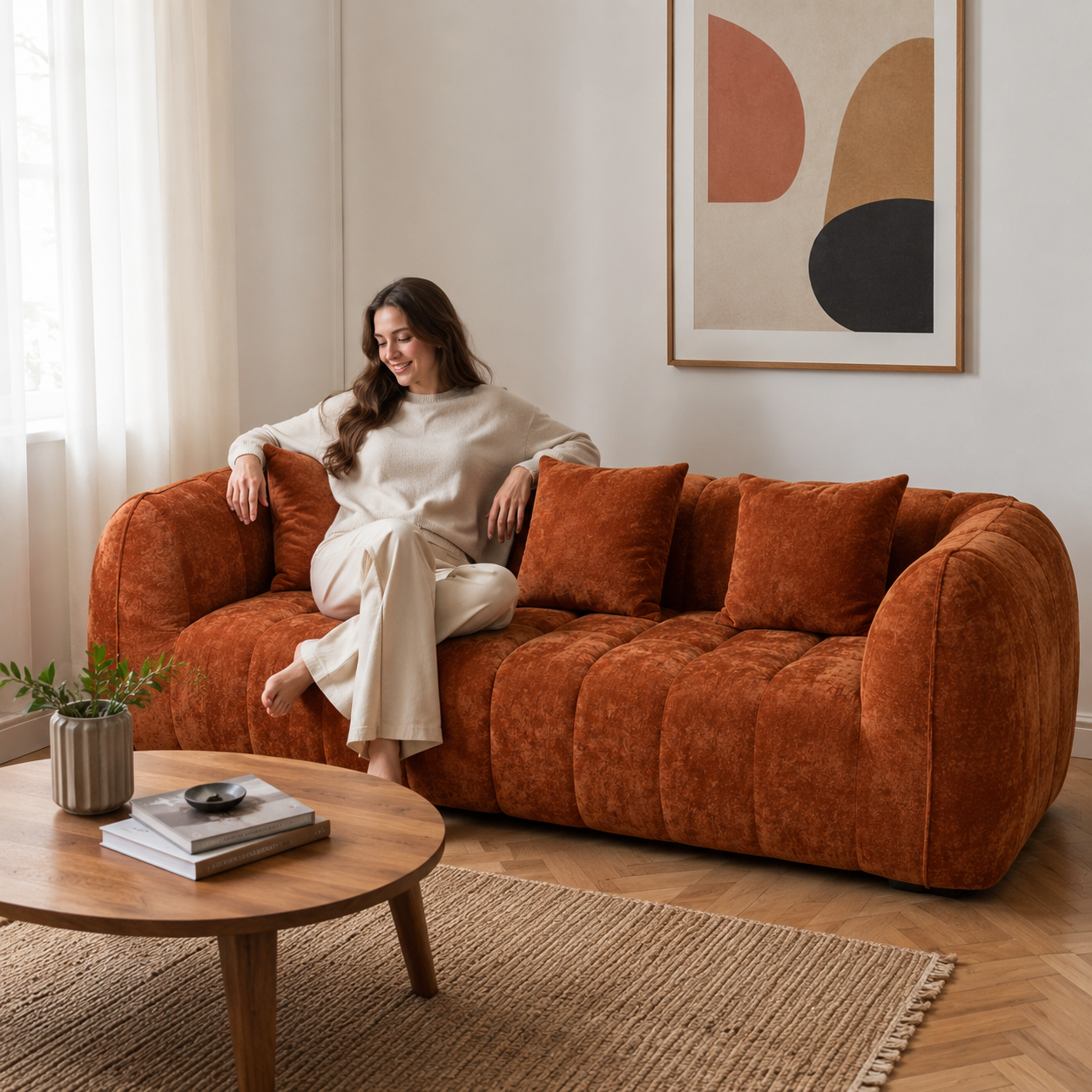 Canapé 3 places bubble en velours chenille terracotta
