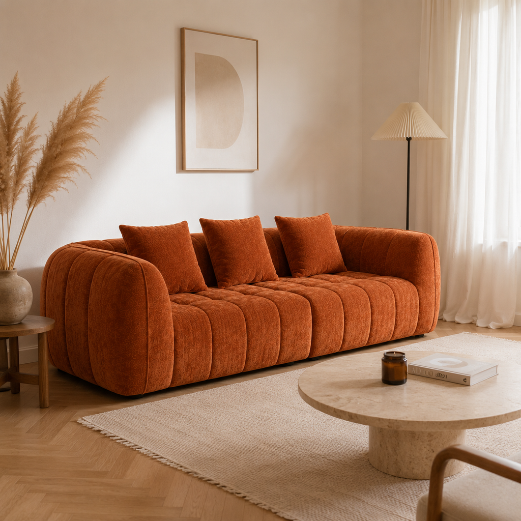 Canapé 3 places bubble en velours chenille terracotta