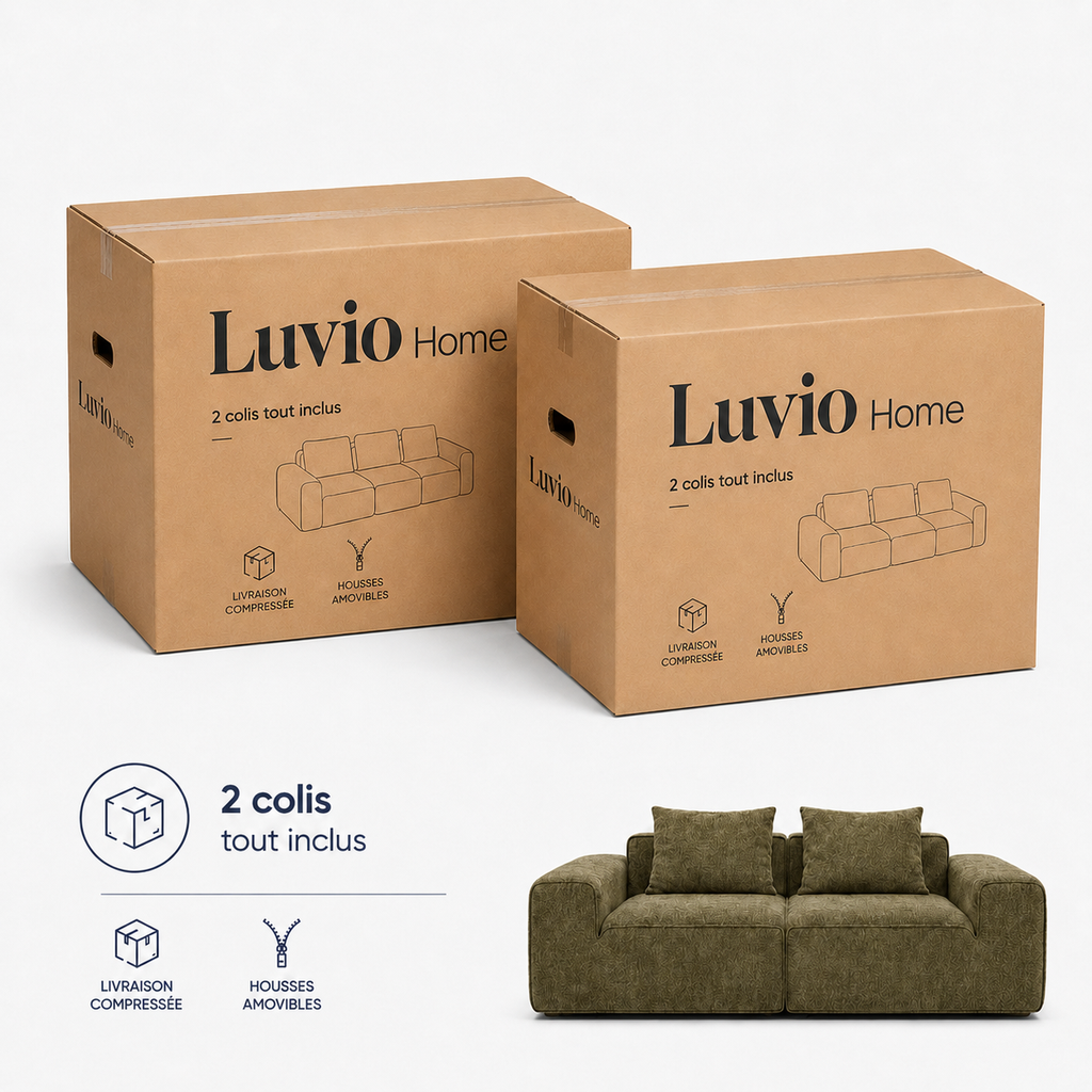 Canapé modulaire velours chenille vert kaki 2 places