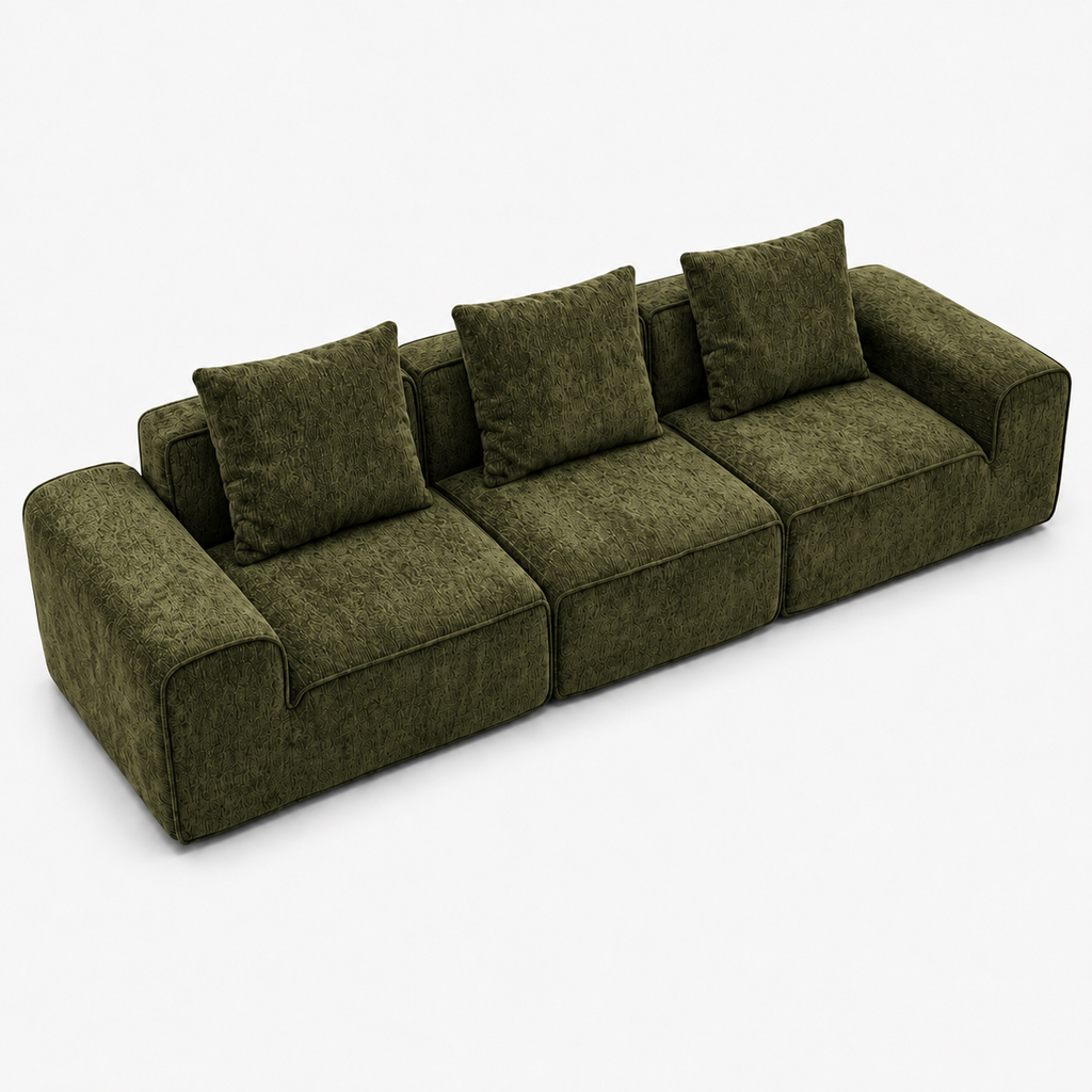 Canapé modulaire velours chenille vert kaki 3 places