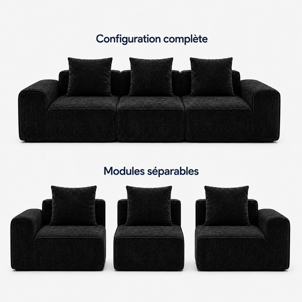 Canapé modulaire velours chenille noir 3 places