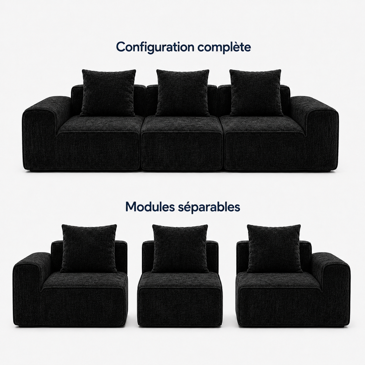 Canapé modulaire velours chenille noir 3 places