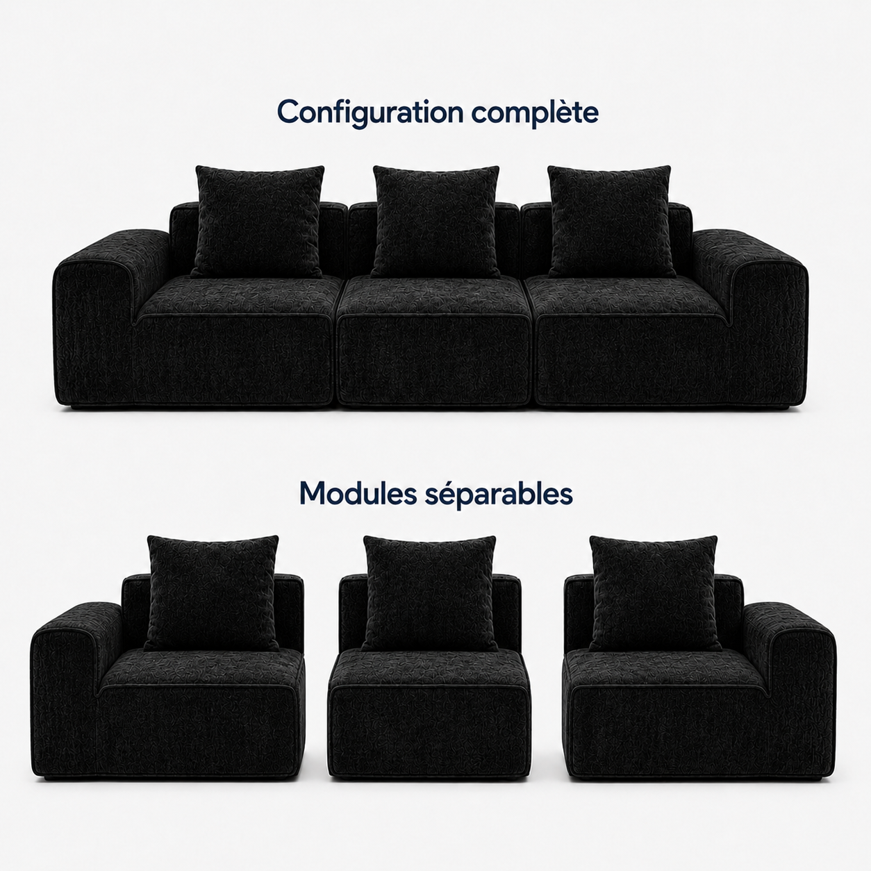 Canapé modulaire velours chenille noir 3 places