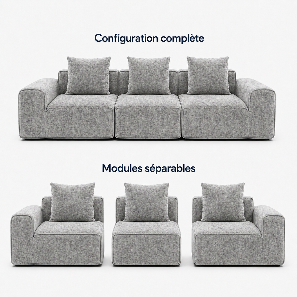 Canapé modulaire velours chenille gris clair 3 places