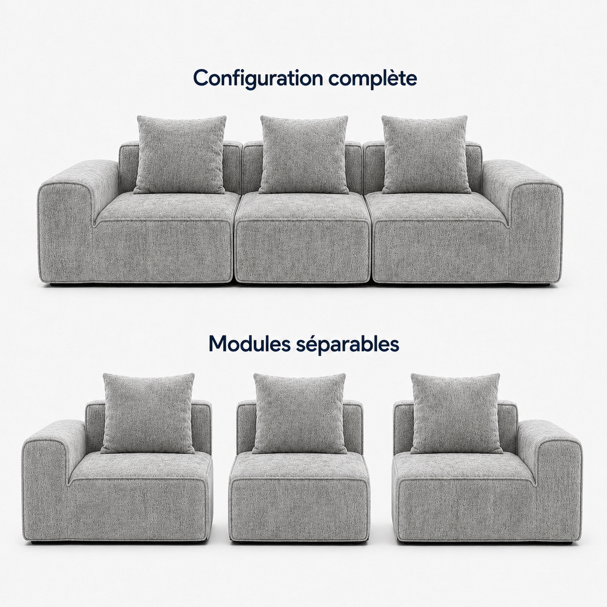 Canapé modulaire velours chenille gris clair 3 places