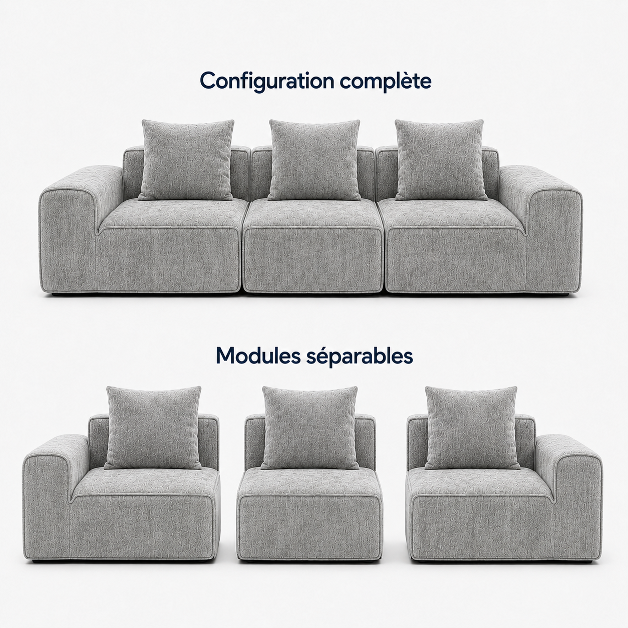 Canapé modulaire velours chenille gris clair 3 places