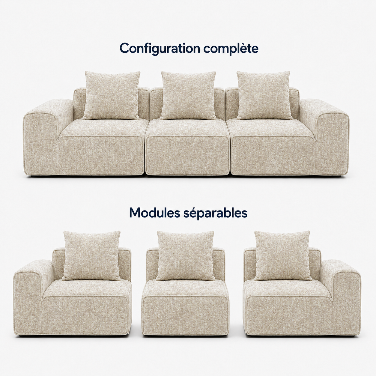 Canapé modulaire velours crème 3 places