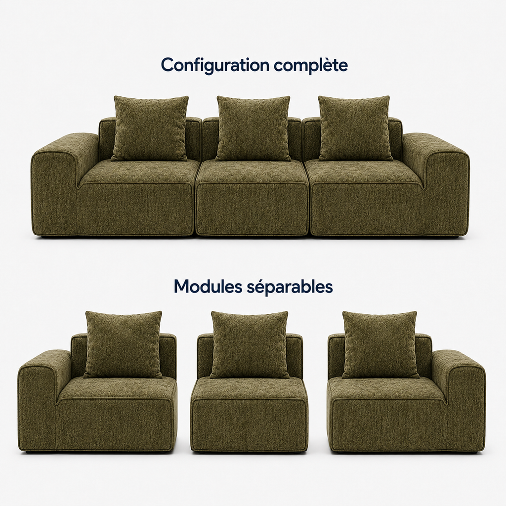 Canapé modulaire velours chenille vert kaki 3 places