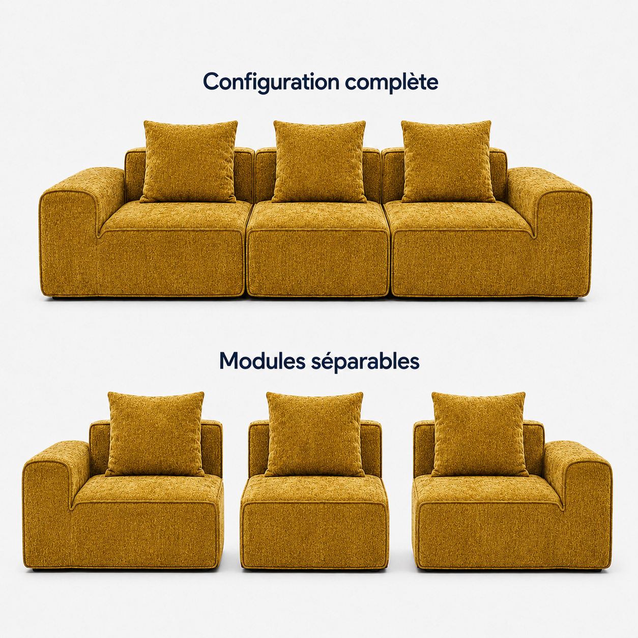 Canapé modulaire velours chenille jaune 3 places