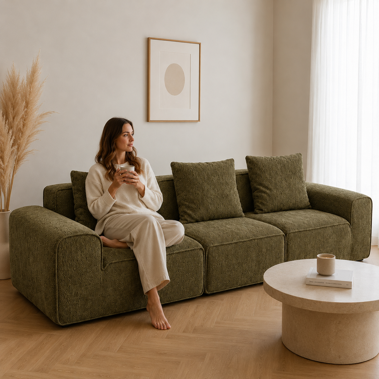 Canapé modulaire velours chenille vert kaki 3 places
