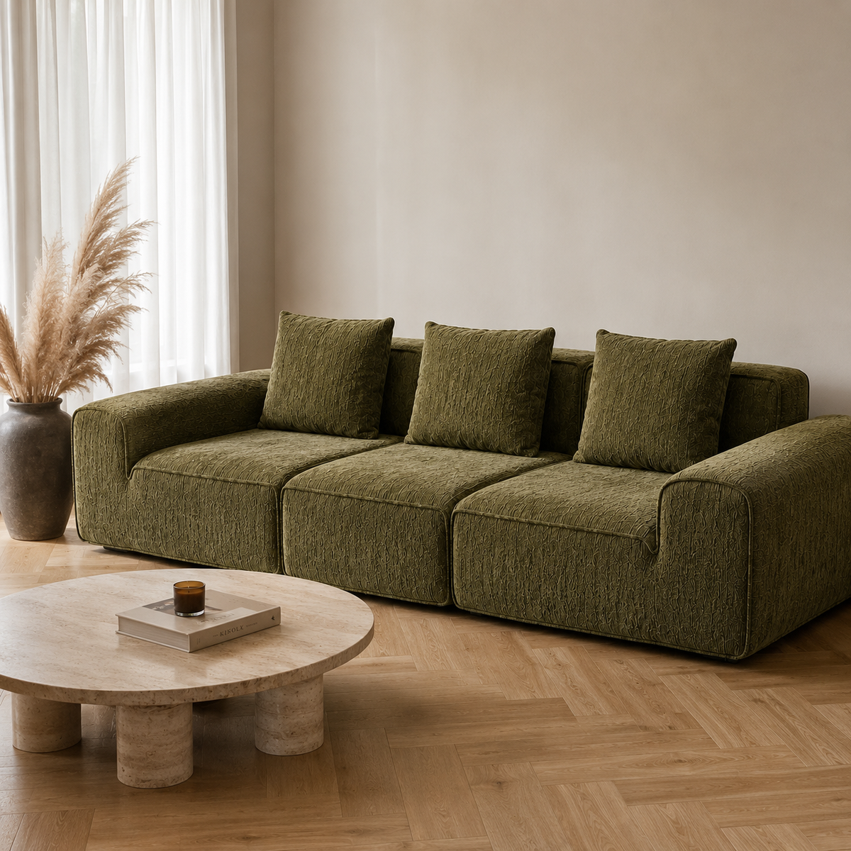 Canapé modulaire velours chenille vert kaki 3 places