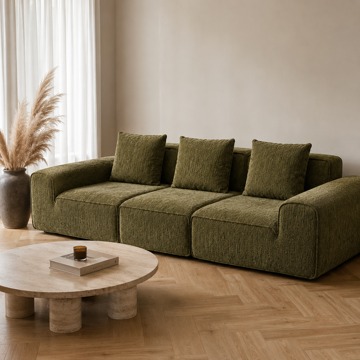 Canapé modulaire velours chenille vert kaki 3 places