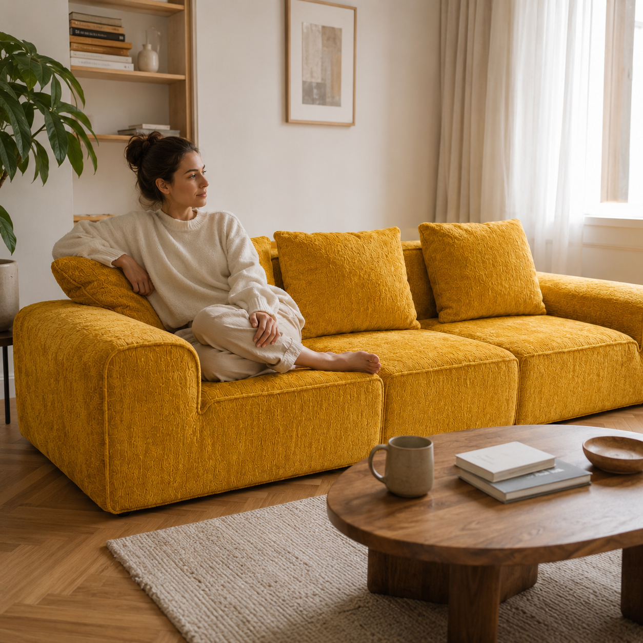 Canapé modulaire velours chenille jaune 3 places