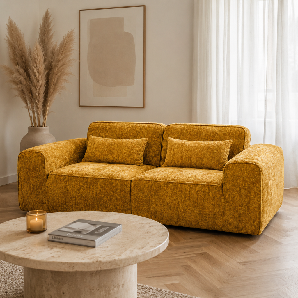 Canapé modulaire velours chenille jaune 2 places