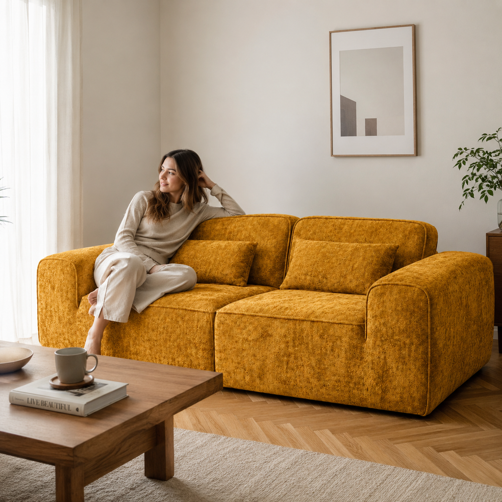 Canapé modulaire velours chenille jaune 2 places