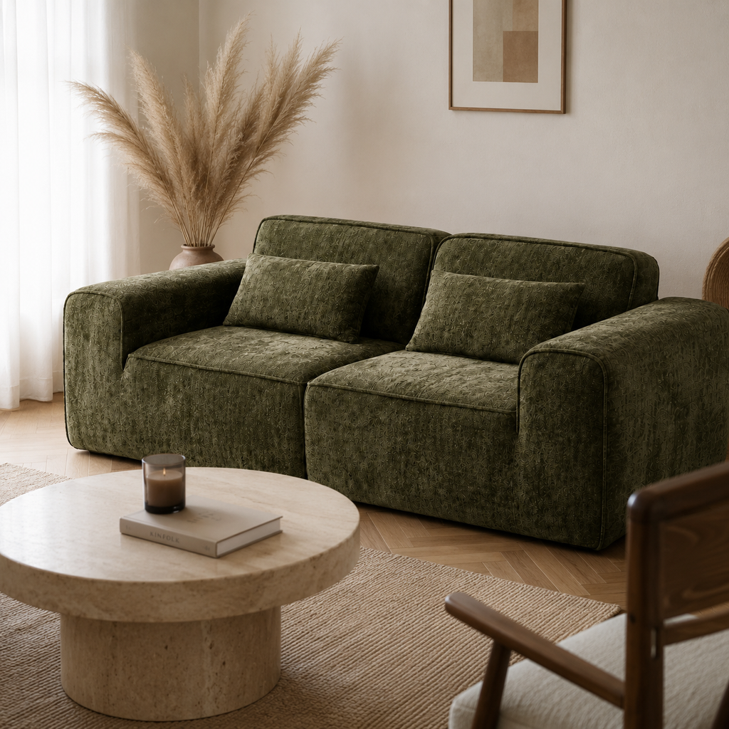Canapé modulaire velours chenille vert kaki 2 places