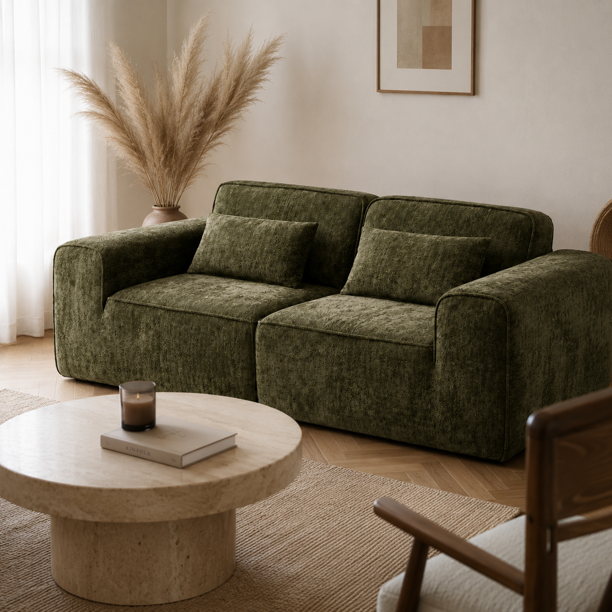 Canapé modulaire velours chenille vert kaki 2 places
