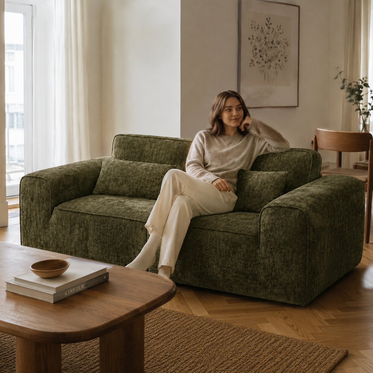 Canapé modulaire velours chenille vert kaki 2 places