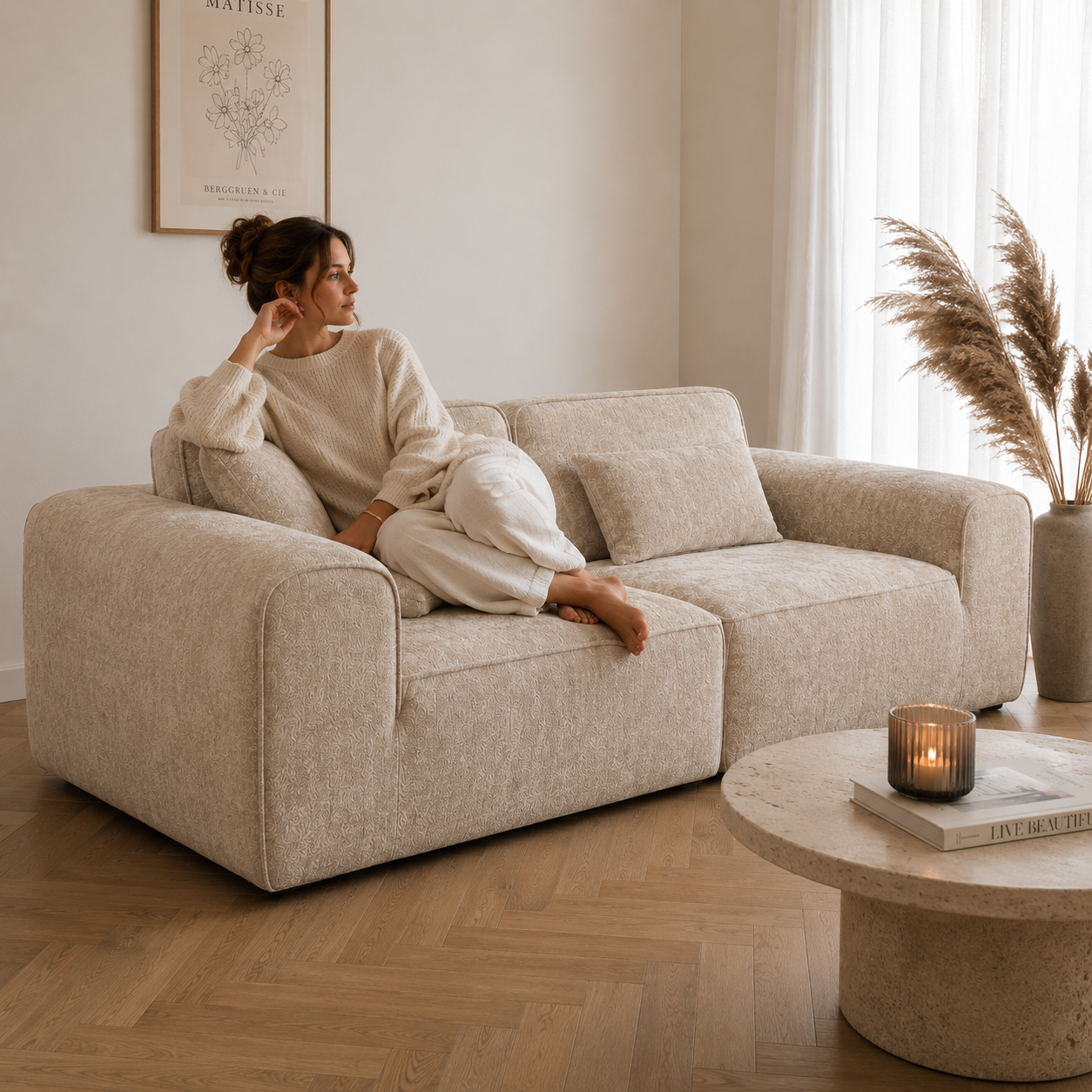 Canapé modulaire velours chenille crème 2 places