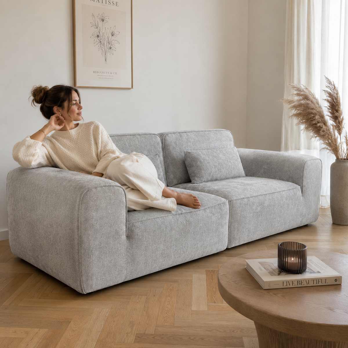 Canapé modulaire velours chenille gris clair 2 places