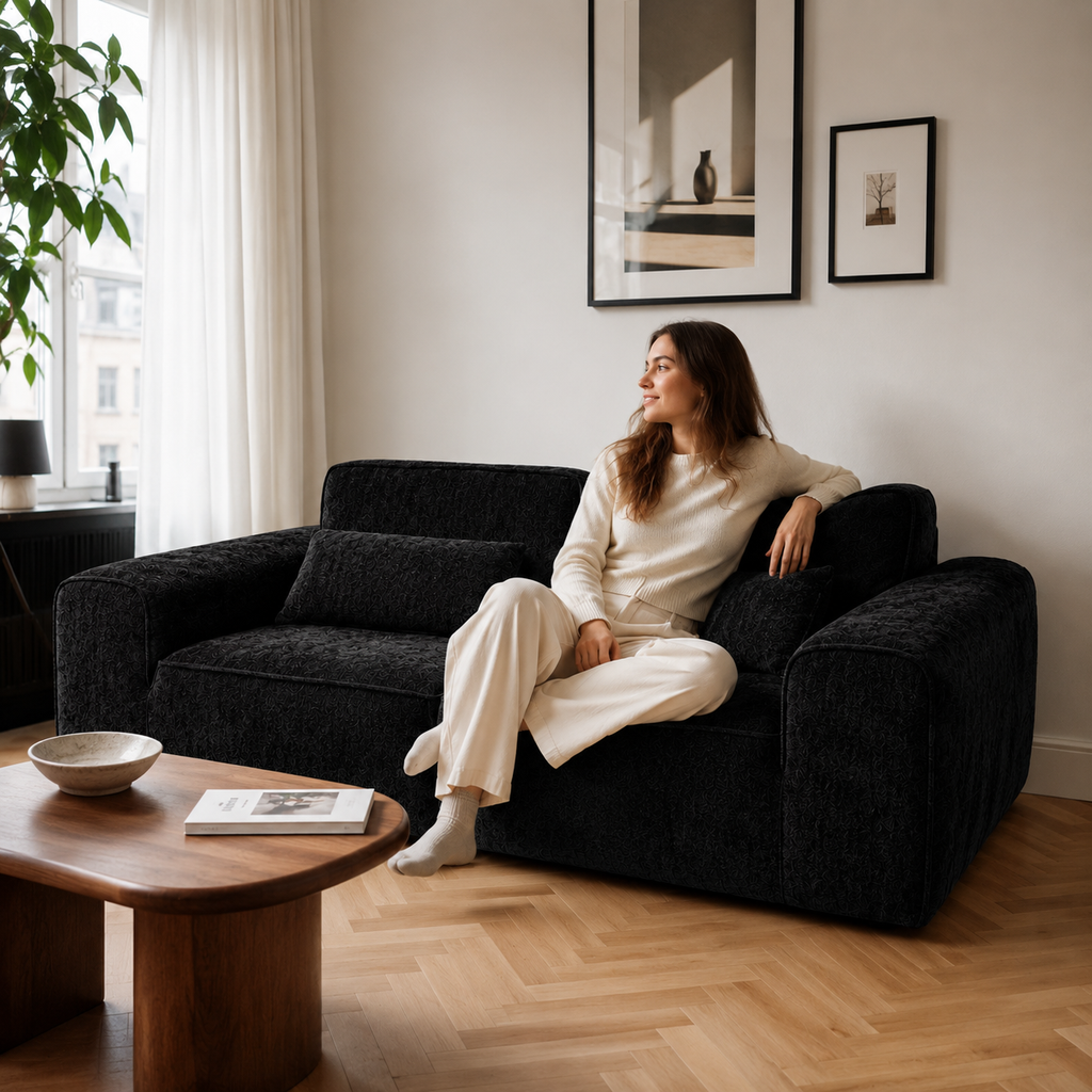 Canapé modulaire velours chenille noir 2 places
