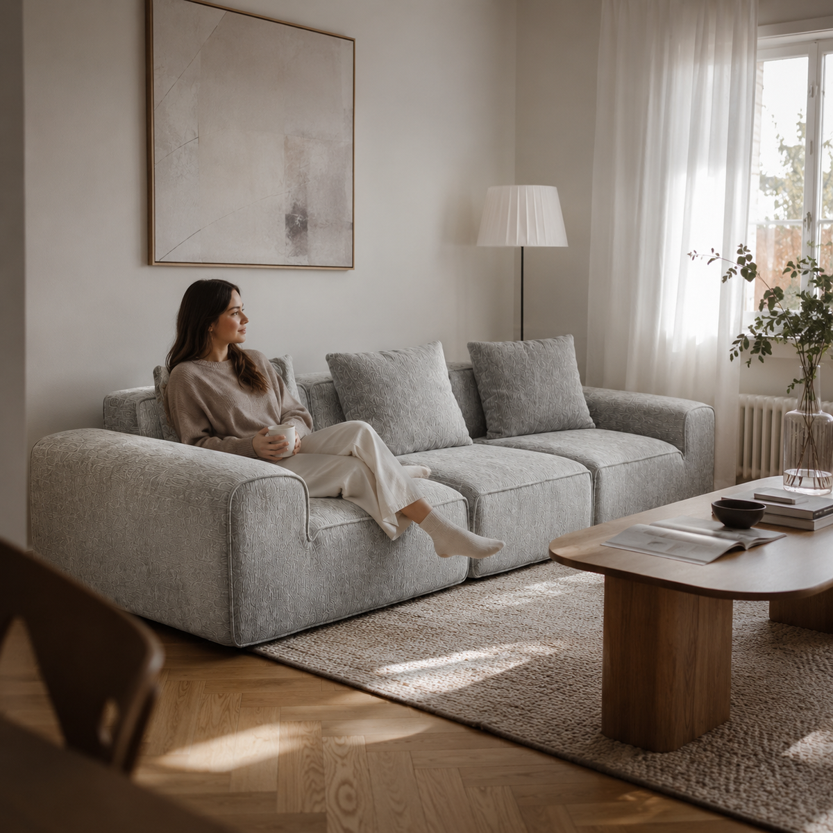 Canapé modulaire velours chenille gris clair 3 places