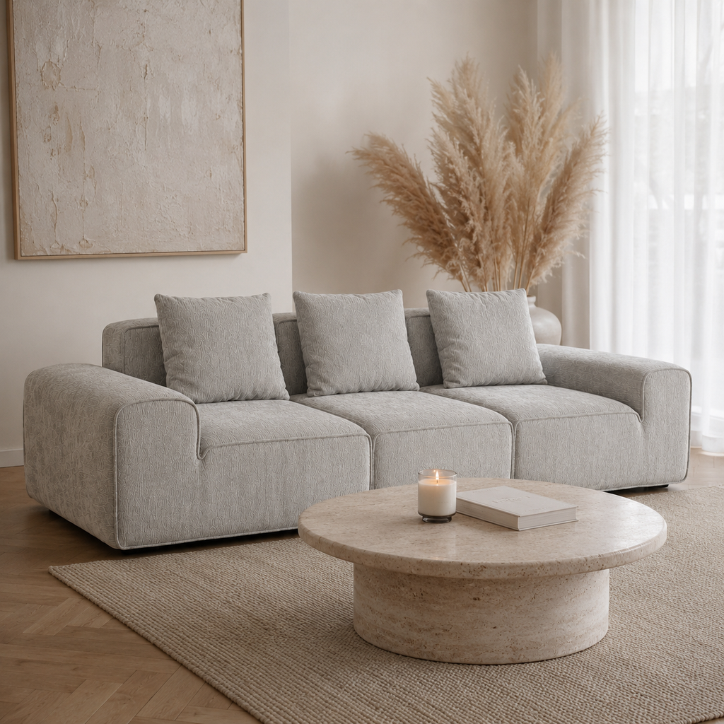 Canapé modulaire velours chenille gris clair 3 places