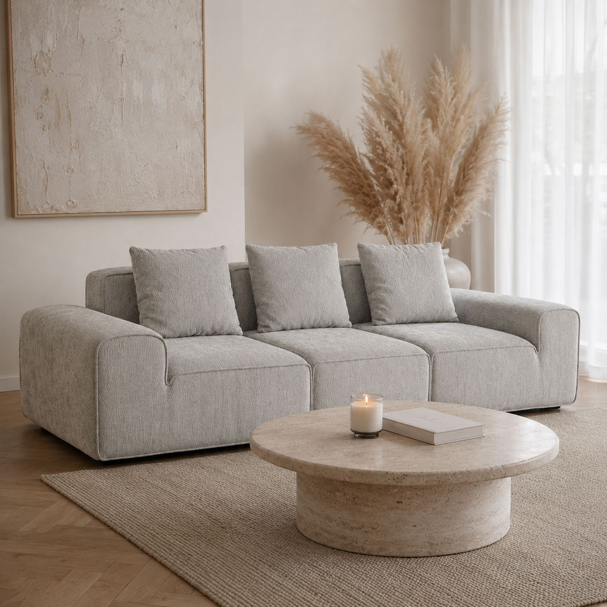Canapé modulaire velours chenille gris clair 3 places
