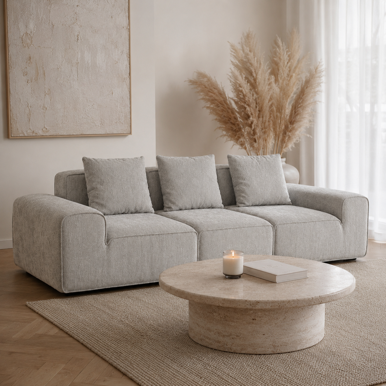 Canapé modulaire velours chenille gris clair 3 places