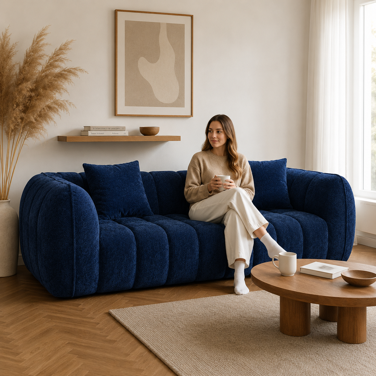 Canapé 3 places bubble en velours chenille bleu marine