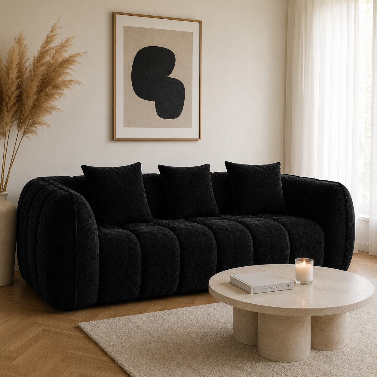 Canapé 3 places bubble en velours chenille noir