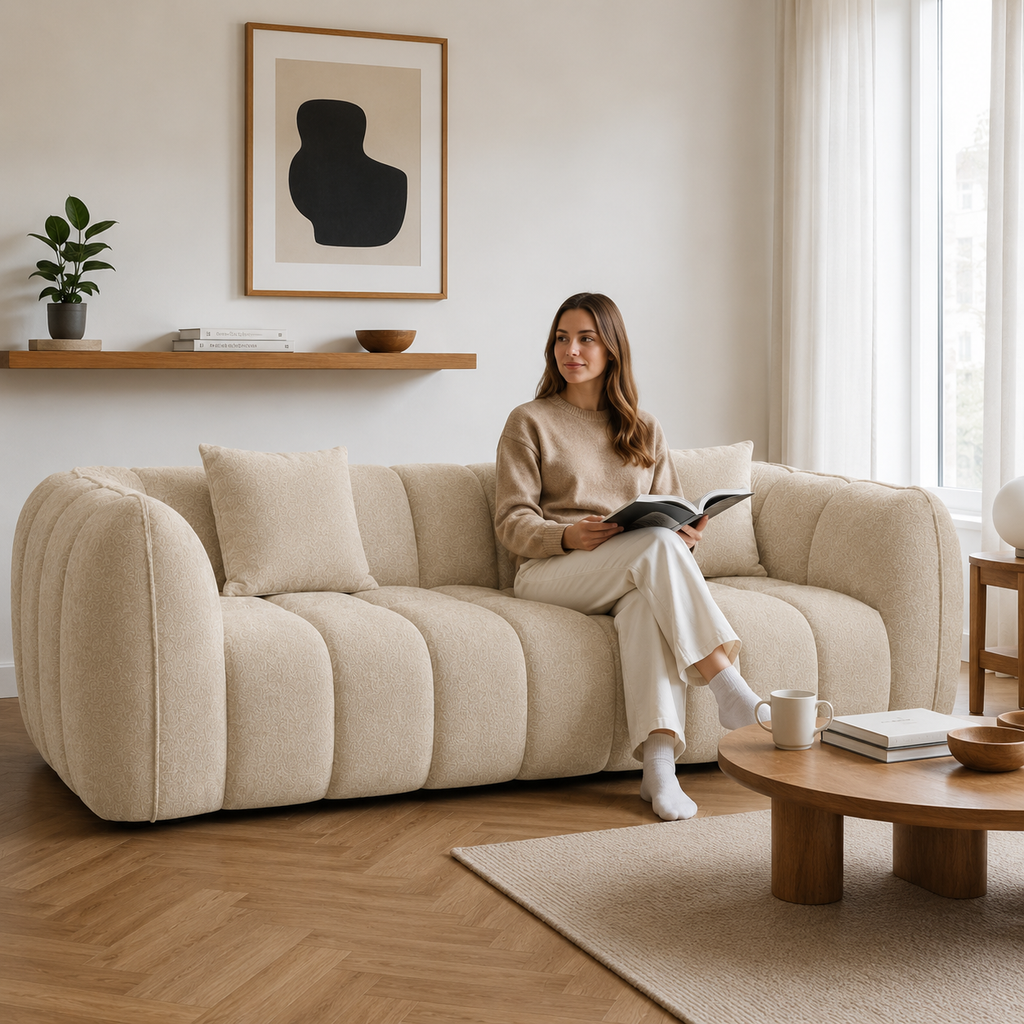 Canapé 3 places bubble en velours chenille beige