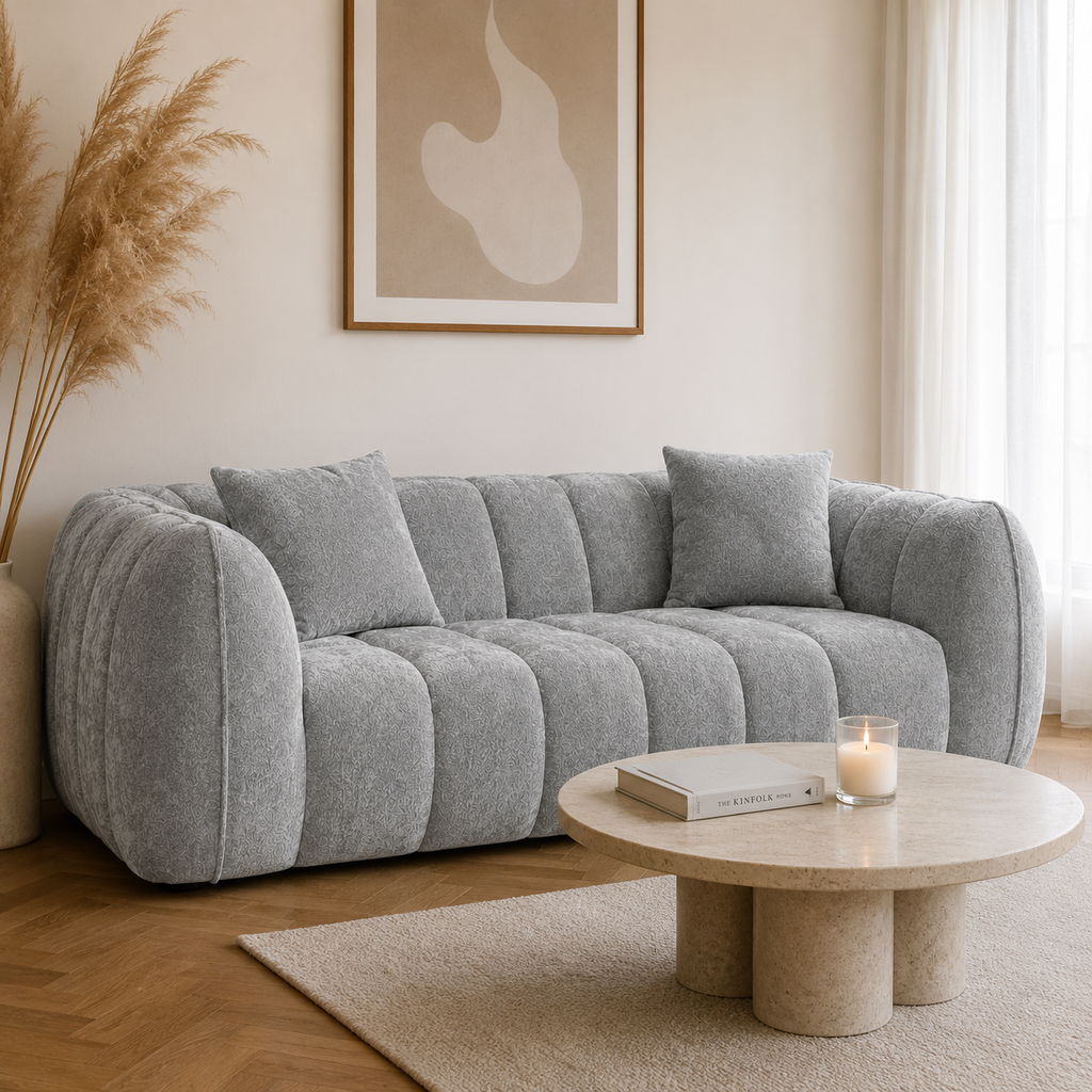 Canapé 3 places bubble en velours chenille gris clair