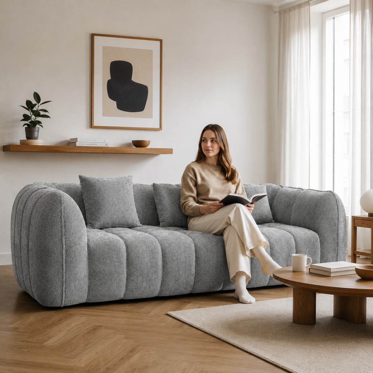 Canapé 3 places bubble en velours chenille gris clair