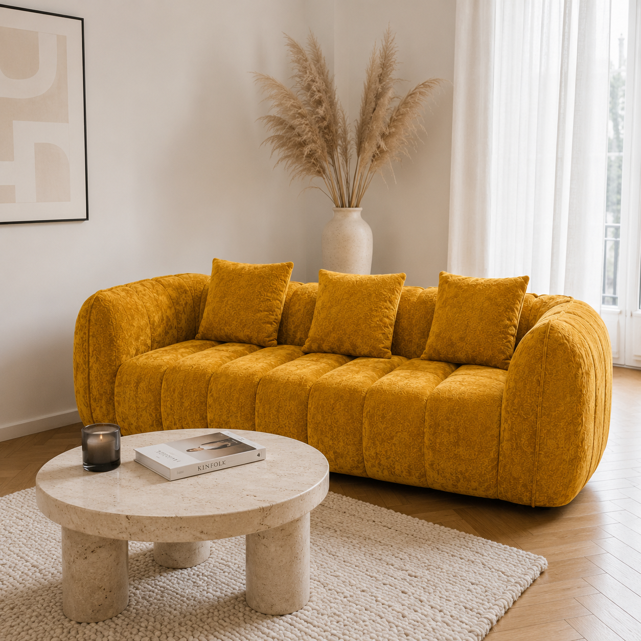 Canapé 3 places bubble en velours chenille jaune
