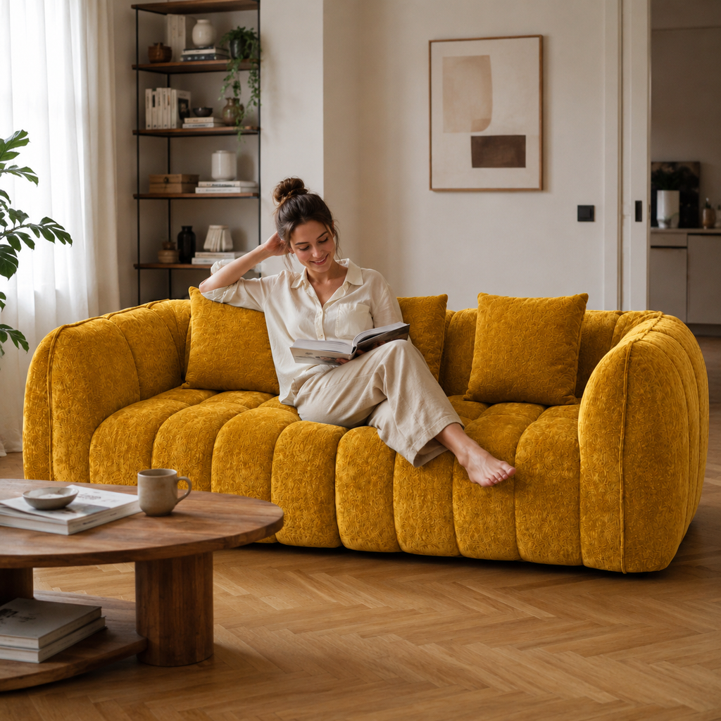 Canapé 3 places bubble en velours chenille jaune