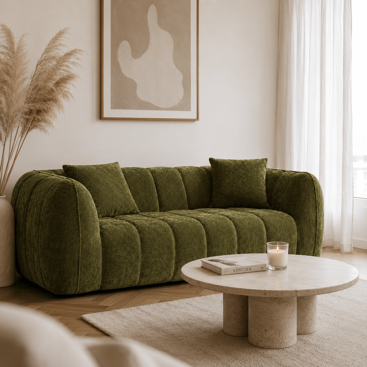 Canapé 3 places bubble en velours chenille vert kaki Luvio Home