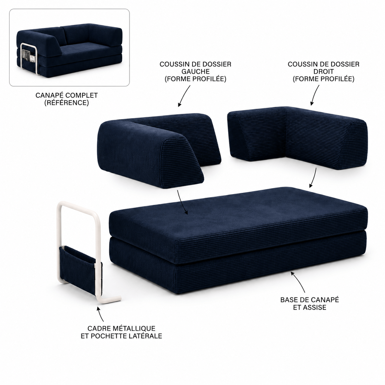 Canapé-lit convertible velours côtelé bleu 2 places Luvio Home
