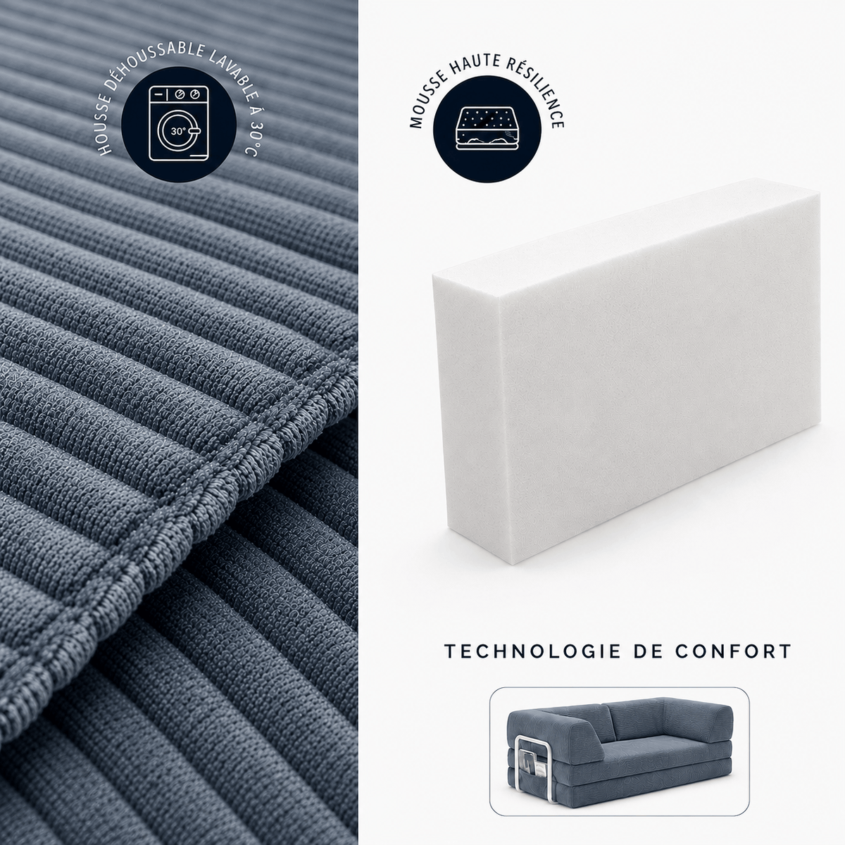 Canapé-lit convertible velours côtelé bleu gris 2 places Luvio Home